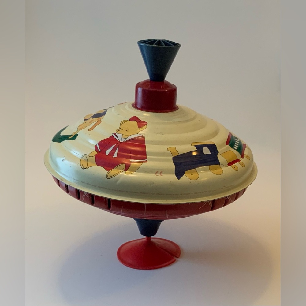 Vintage Tin Spinning Top Toy in Cream & Red